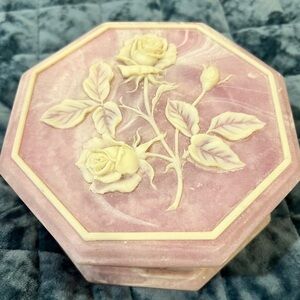 Pink Octagonal Faux Soapstone Trinket Box with Floral Design